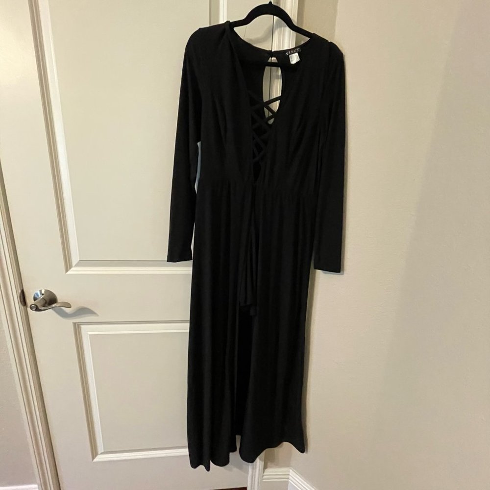 Venus Dress Romper Maxi Split Front Deep V-Neck Cut Out Long Sleeve Black L